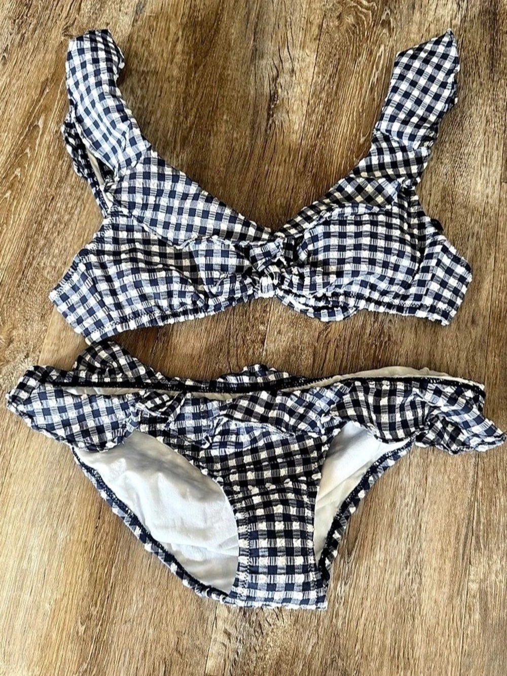 J. Crew Wommen's Gingham Ruffle Bikini XS Navy Blue White AN738 AN737 Low Rise
